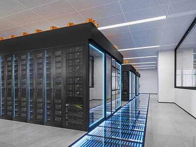 Data Center Room With Glass Server Cabinets Blue LED Lights Raised Floor And Orange Equipment 3d model