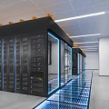 Data Center Room With Glass Server Cabinets Blue LED Lights Raised Floor And Orange Equipment