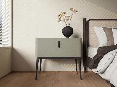 Modern Light Gray Side Table With Black Legs And Dried Flowers Vase In Bedroom 3d model