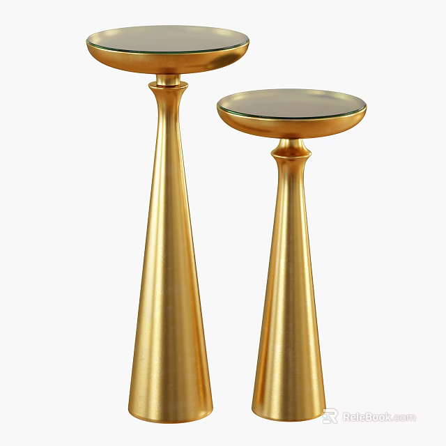 Elegant Gold Metal Side Tables with Conical Bases and Glass Tops 3d model 