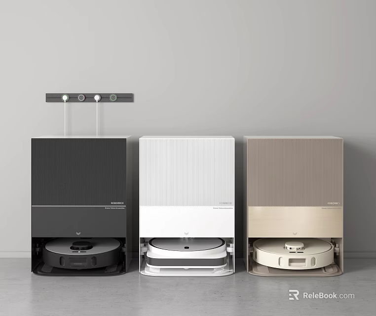 Three Colored Robotic Vacuums with Charging Dock Home Daily Electrical Appliances 3d model 