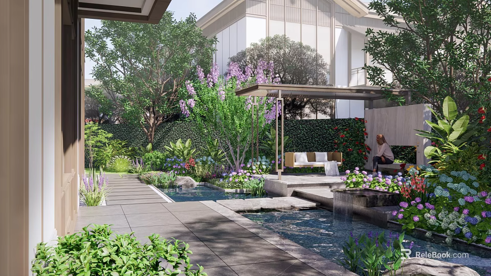 Garden Landscape Design With Lush Plants Water Features And Seating Area 3d model 
