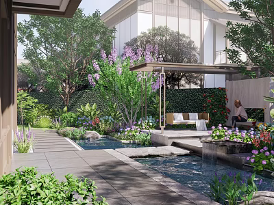 Garden Landscape Design With Lush Plants Water Features And Seating Area 3d model