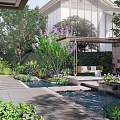 Garden Landscape Design With Lush Plants Water Features And Seating Area