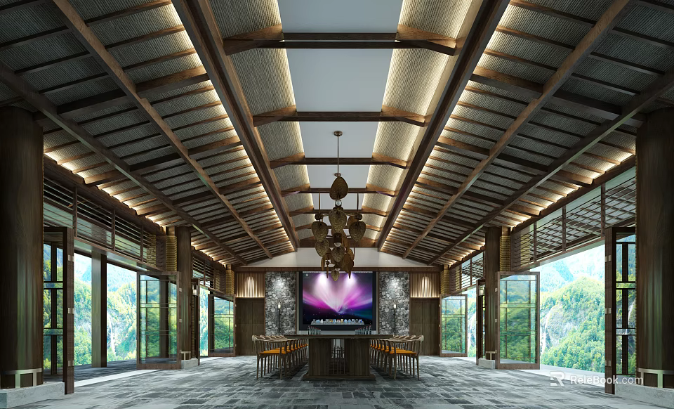 Private Box Interior With Wooden Ceiling Lighting Large Screen TV Tables Chairs And Mountain View 3d model 
