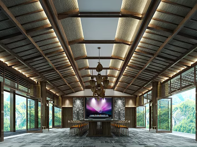 Private Box Interior With Wooden Ceiling Lighting Large Screen TV Tables Chairs And Mountain View 3d model