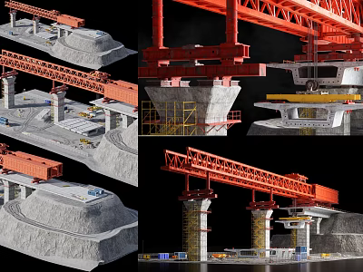 Industrial Crane Equipment For Bridge Construction With Concrete Piers And Structures 3d model