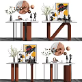 Elegant Modern Console Table Design With Decorative Vases Sculptures And Round Mirror 3d model