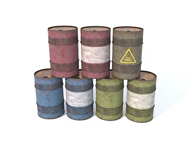 Industrial Equipment Storage Drums In Multiple Colors With Warning Symbols 3d model