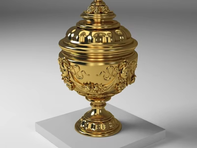 Elegant Golden Decorative Ornament Set With Intricate Patterns On White Pedestal 3d model