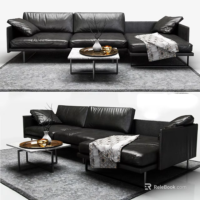 Black Leather Sectional Sofa With Coffee Table Vase Decorative Items And Throw Blanket 3d model