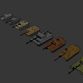 Various Military Vehicle Models in Different Colors Lined Up on Gray Background