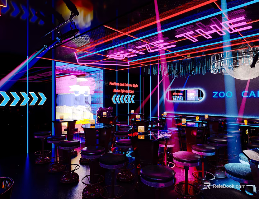 Vibrant Bar Interior With Neon Lights Laser Beams And Colorful Bar Stools 3d model 