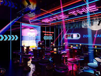 Vibrant Bar Interior With Neon Lights Laser Beams And Colorful Bar Stools 3d model
