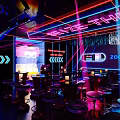Vibrant Bar Interior With Neon Lights Laser Beams And Colorful Bar Stools