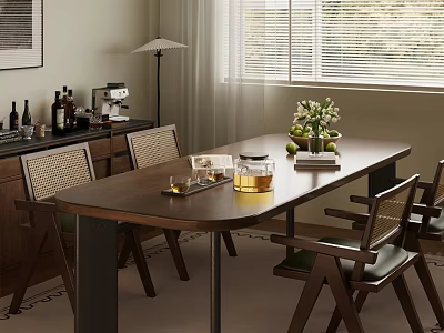 Elegant Wooden Dining Table Set With Chairs Flower Arrangement Glassware Near Window And Floor Lamp 3d model