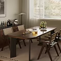 Elegant Wooden Dining Table Set With Chairs Flower Arrangement Glassware Near Window And Floor Lamp