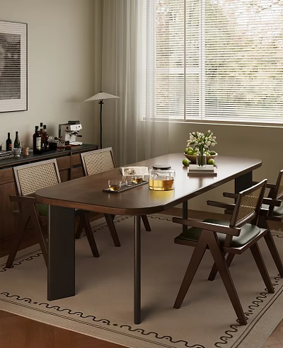 Elegant Wooden Dining Table Set With Chairs Flower Arrangement Glassware Near Window And Floor Lamp 3d model