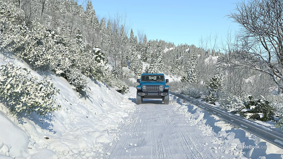 Snowy Mountain Road Scenery With Blue Jeep Snow Covered Trees Under Clear Blue Sky 3d model 