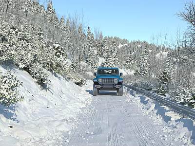 Snowy Mountain Road Scenery With Blue Jeep Snow Covered Trees Under Clear Blue Sky 3d model