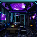 Modern KTV Interior With Purple Galaxy Ceiling Neon Blue Lights And Multiple Screens