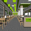 Modern Bright Restaurant With Green Ceiling Decor Open Layout Wooden Tables Menu Screens Order Counter