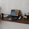 Modern Laptop Setup On Wooden Shelf With Coffee Cup Notebook Smartphone Mouse And Keyboard