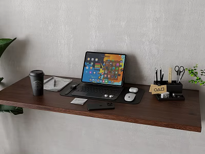 Modern Laptop Setup On Wooden Shelf With Coffee Cup Notebook Smartphone Mouse And Keyboard 3d model