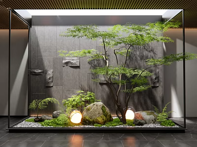 Serene Courtyard Garden with Glass Frame Gray Wall Lush Tree Stones Moss and Illuminated Lights 3d model