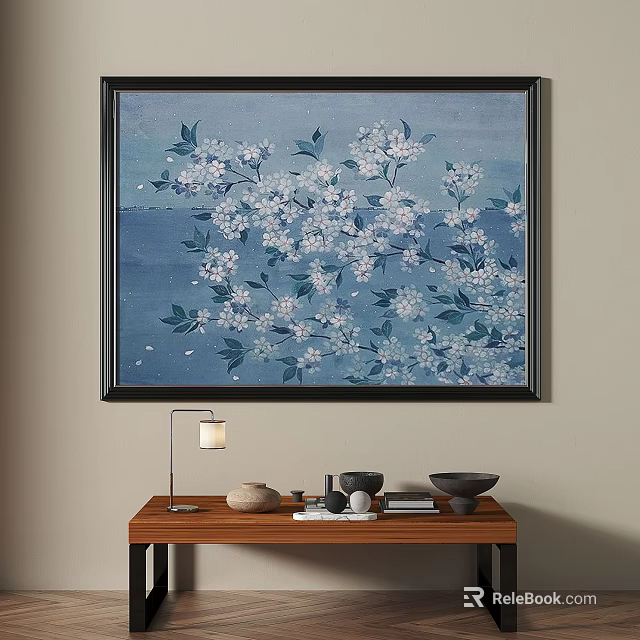 Vibrant Oil Painting With Blooming White Flowers Green Leaves And Blue Background 3d model 