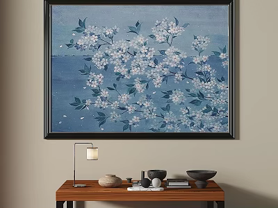 Vibrant Oil Painting With Blooming White Flowers Green Leaves And Blue Background 3d model