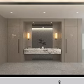 Modern Elegant Public Toilet With Marble Tiled Walls Illuminated Glass Partitions And Exquisite Wall Painting