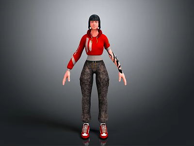 Woman in Red Hoodie and Dark Pants with Black Hat and Red Shoes 3d model