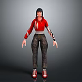 Woman in Red Hoodie and Dark Pants with Black Hat and Red Shoes
