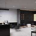 Modern Black Themed Café Interior With Sleek Counter Tables Chairs And Product Shelves
