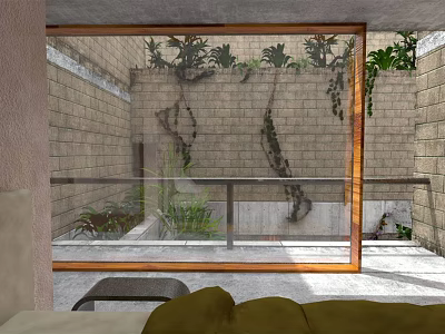 Indoor View Of Garden Landscape With Stone Wall Climbing Vines And Glass Window 3d model