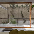 Indoor View Of Garden Landscape With Stone Wall Climbing Vines And Glass Window