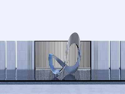 Streamlined Metal Landscape Sculpture With Vertical Striped Fence By Water Surface Showing Clear Reflection 3d model