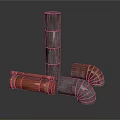 Industrial Metal Pipe Equipment With Straight Curved Red Silver Rusty Brown Elements