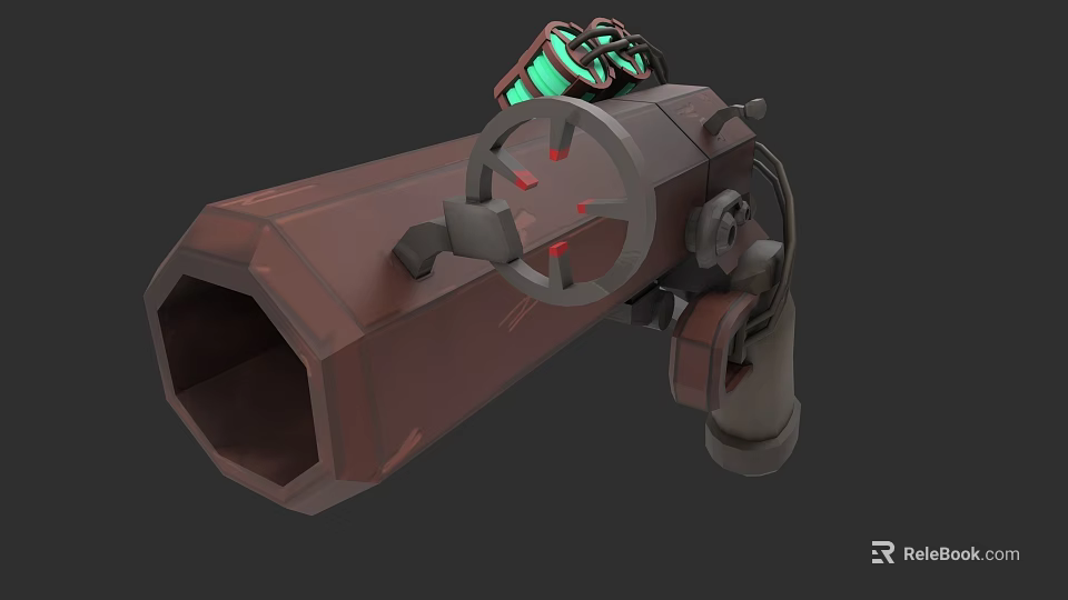 Mechanical Weapon with Green Glowing Components Brown Body Red Indicators and Functional Structure 3d model 