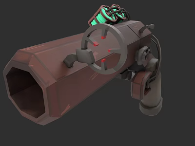 Mechanical Weapon with Green Glowing Components Brown Body Red Indicators and Functional Structure 3d model