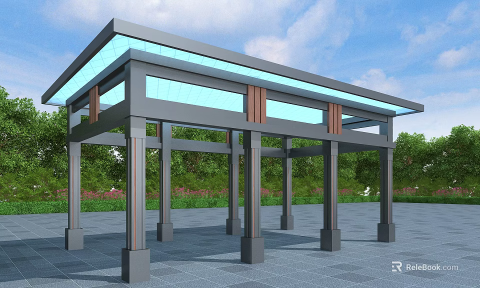 Modern Outdoor Pergola With Glass Roof And Metal Frame Structure In Green Landscape 3d model 