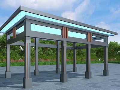 Modern Outdoor Pergola With Glass Roof And Metal Frame Structure In Green Landscape 3d model
