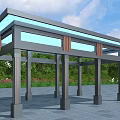 Modern Outdoor Pergola With Glass Roof And Metal Frame Structure In Green Landscape