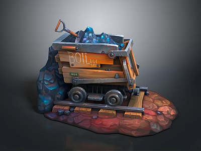 Vintage Mine Train Cart Loaded With Ore Rocks And Pickaxe On Rail Tracks 3d model