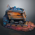 Vintage Mine Train Cart Loaded With Ore Rocks And Pickaxe On Rail Tracks