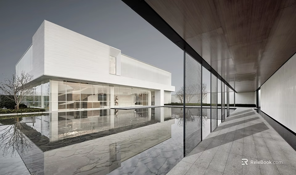 Modern Sales Office Building With Glass Curtain Wall Reflective Pool And Marble Floor Design 3d model 