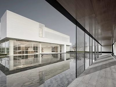 Modern Sales Office Building With Glass Curtain Wall Reflective Pool And Marble Floor Design 3d model