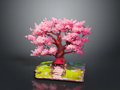Decorative Pink Flowering Tree with Small Red Pavilion Stone Path and Green Grass Base 3d model