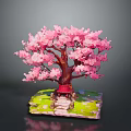 Decorative Pink Flowering Tree with Small Red Pavilion Stone Path and Green Grass Base